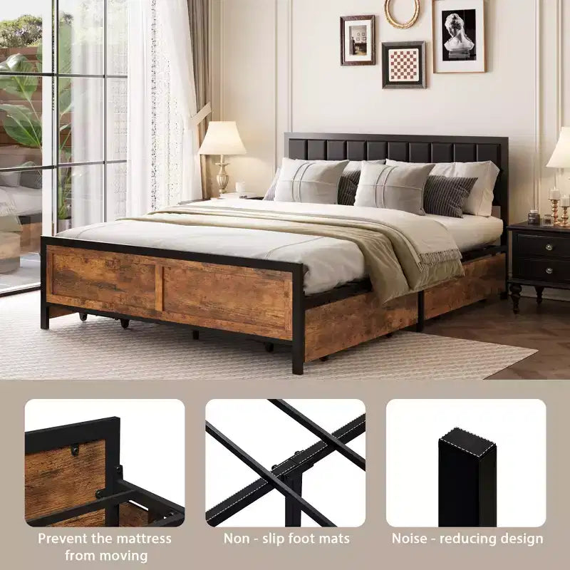 Queen Size Rustic Metal Bed Frame with 4 Storage Drawers and Headboard, No Box Spring Needed