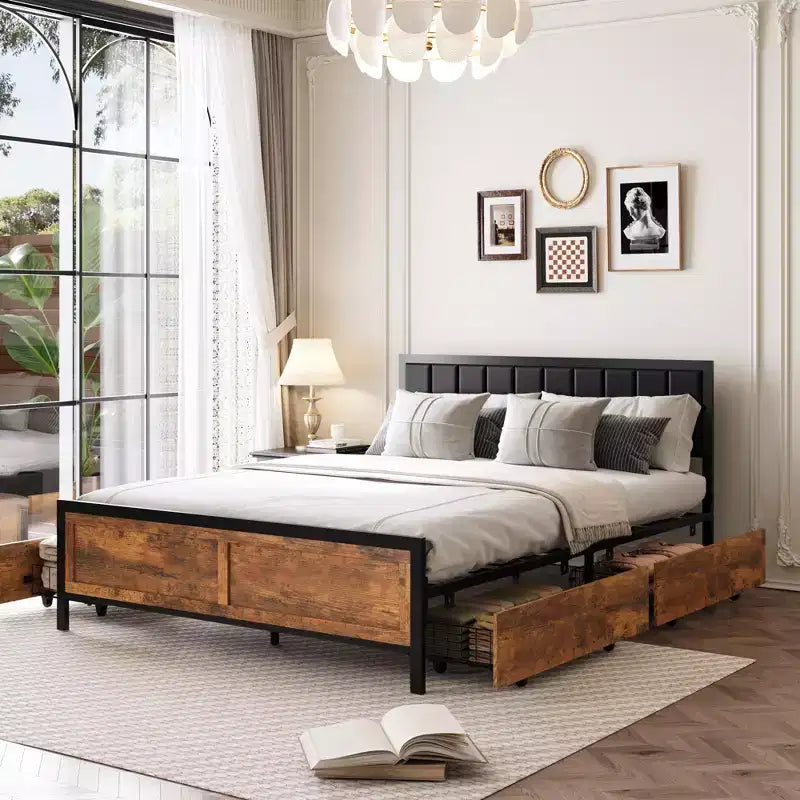 Queen Size Rustic Metal Bed Frame with 4 Storage Drawers and Headboard, No Box Spring Needed