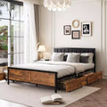 Queen Size Rustic Metal Bed Frame with 4 Storage Drawers and Headboard, No Box Spring Needed
