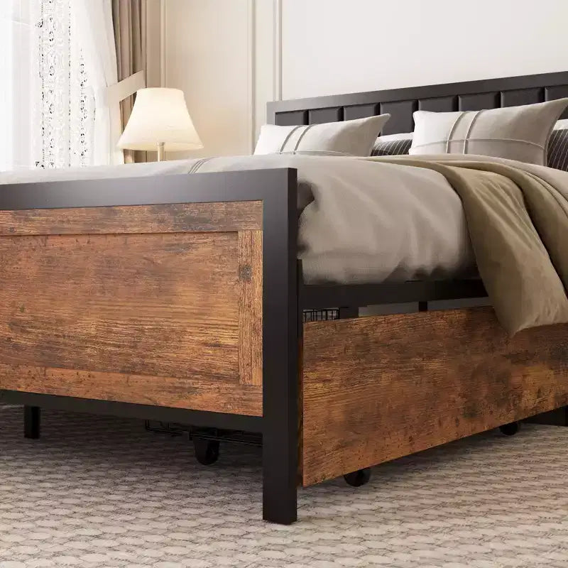 Queen Size Rustic Metal Bed Frame with 4 Storage Drawers and Headboard, No Box Spring Needed