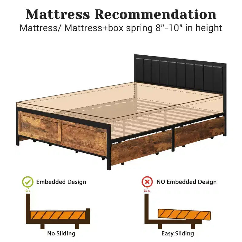 Queen Size Rustic Metal Bed Frame with 4 Storage Drawers and Headboard, No Box Spring Needed