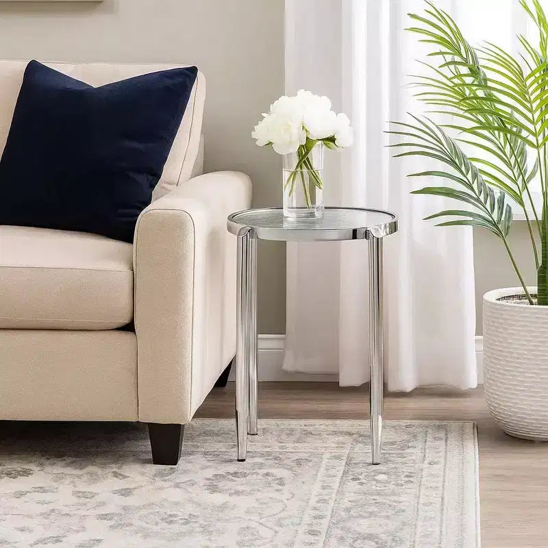 Round End Table with Tubular Rounded Legs and Frosted Glass Top, Silver, Contemporary Style