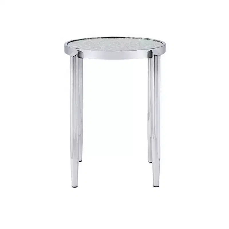 Round End Table with Tubular Rounded Legs and Frosted Glass Top, Silver, Contemporary Style