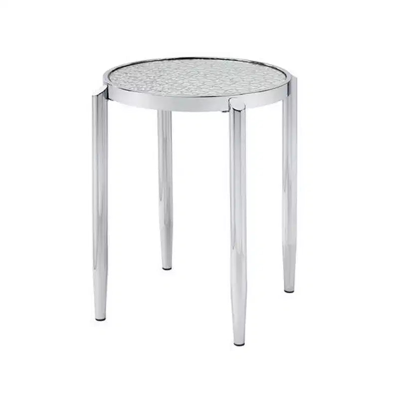Round End Table with Tubular Rounded Legs and Frosted Glass Top, Silver, Contemporary Style