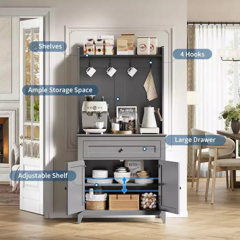 63-Inch Kitchen Pantry Cabinet with Microwave Shelf, Drawers and Charging Station