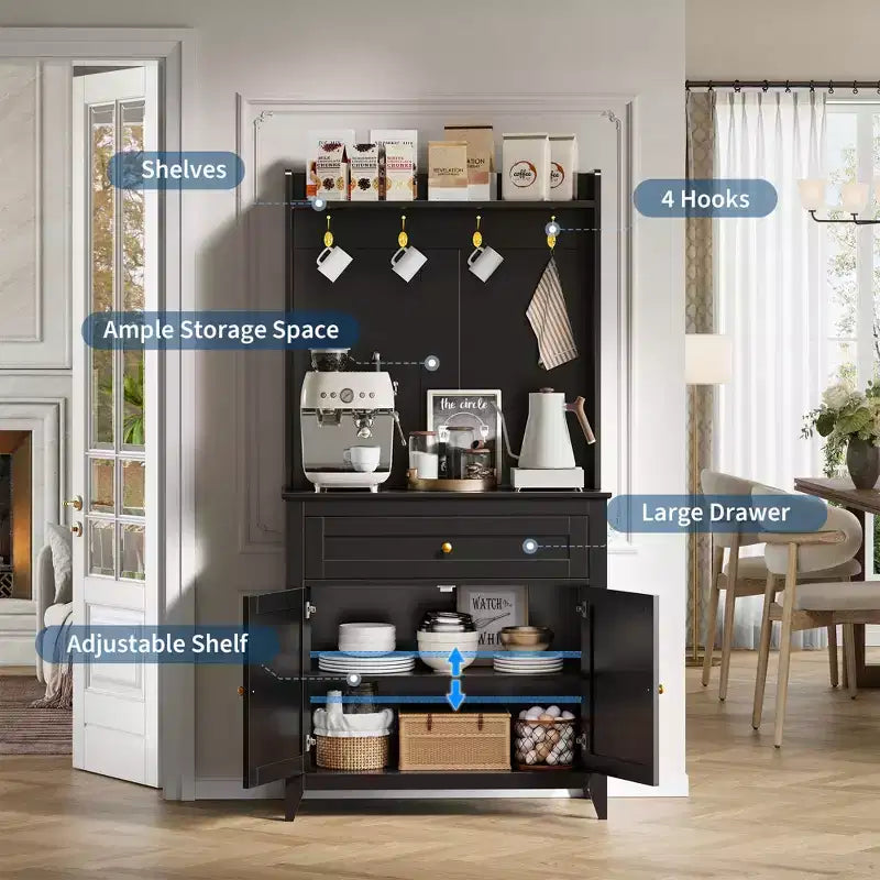 63-Inch Kitchen Pantry Cabinet with Microwave Shelf, Drawers and Charging Station
