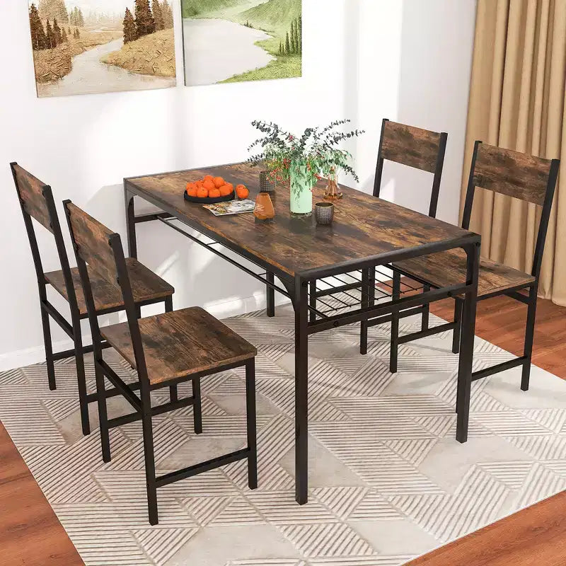 Set of 4 Industrial Dining Chairs with Metal Legs, Slanted Back and Wide Seat