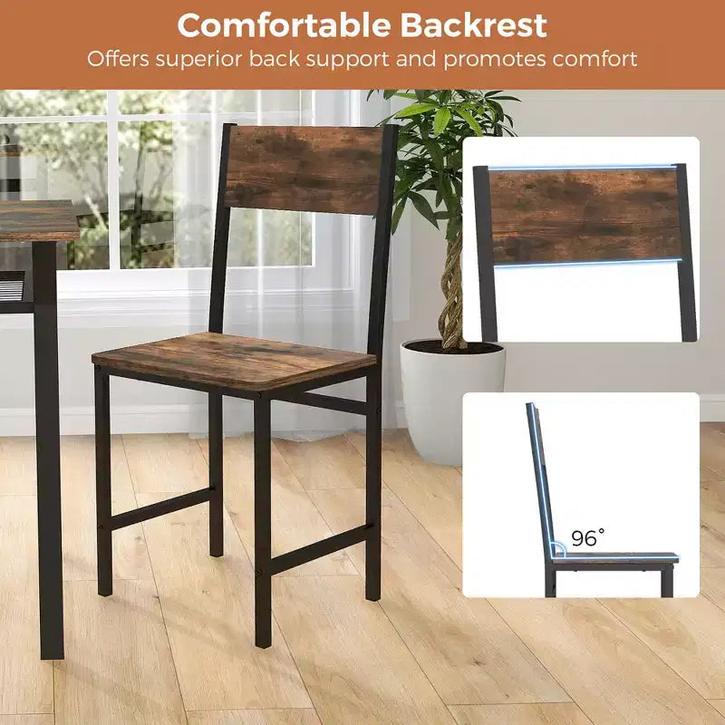Set of 4 Industrial Dining Chairs with Metal Legs, Slanted Back and Wide Seat