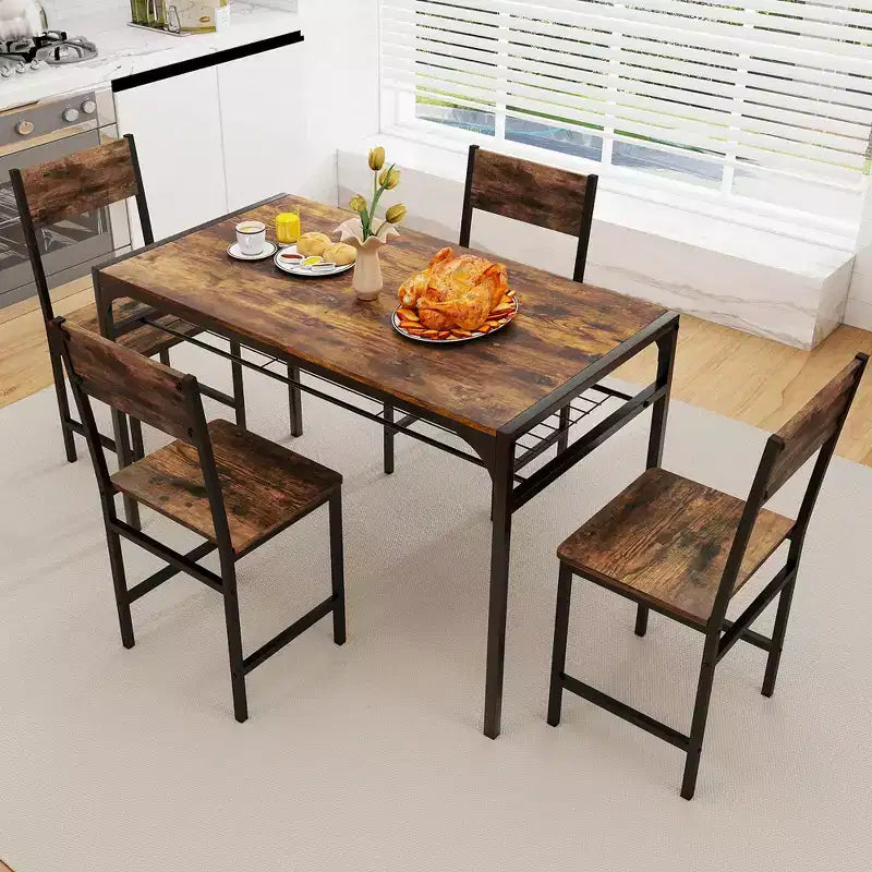 Set of 4 Industrial Dining Chairs with Metal Legs, Slanted Back and Wide Seat