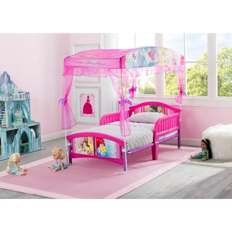 Princess Toddler Canopy Bed with Organza Canopy and Guardrails, Pink, Ages 2+
