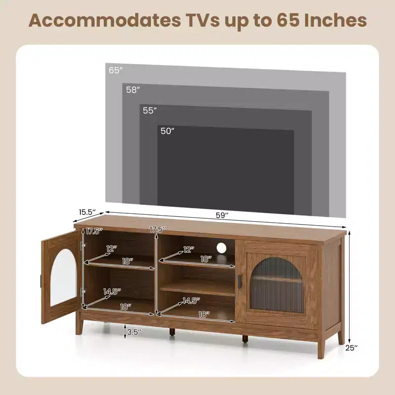 Mobile TV in stile rustico per TV fino a 65 pollici, mobile vintage moderno con spazio chiuso e ripiani aperti