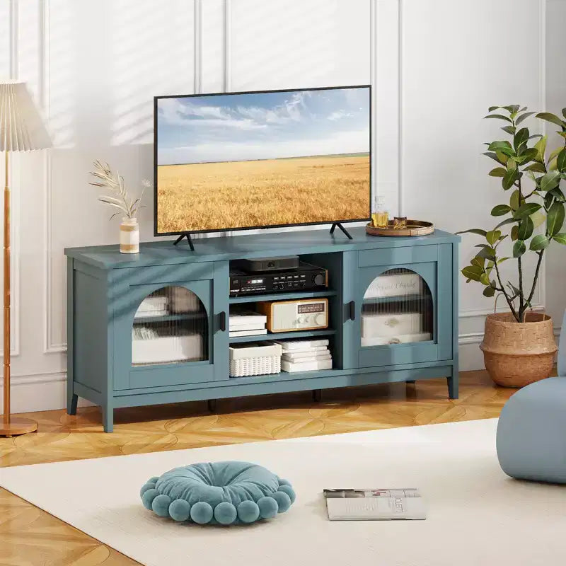 Mobile TV in stile rustico per TV fino a 65 pollici, mobile vintage moderno con spazio chiuso e ripiani aperti