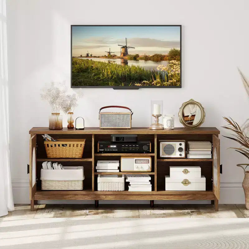 Farmhouse TV Stand for TVs up to 65 Inch, Modern Vintage Cabinet with Enclosed Storage and Open Shelves