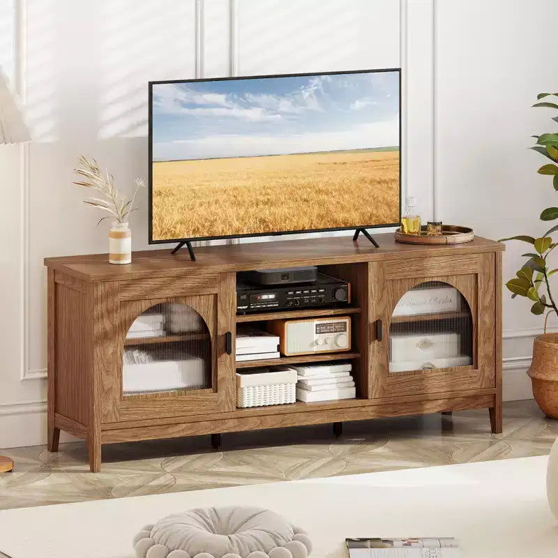 Farmhouse TV Stand for TVs up to 65 Inch, Modern Vintage Cabinet with Enclosed Storage and Open Shelves