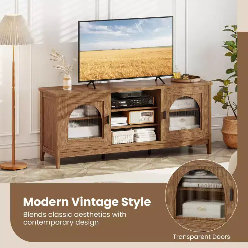 Farmhouse TV Stand for TVs up to 65 Inch, Modern Vintage Cabinet with Enclosed Storage and Open Shelves