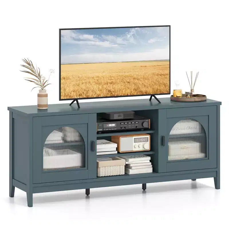 Farmhouse TV Stand for TVs up to 65 Inch, Modern Vintage Cabinet with Enclosed Storage and Open Shelves