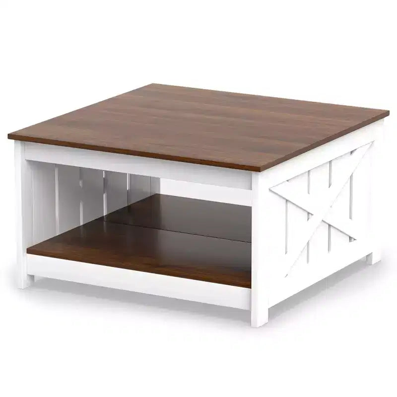Farmhouse Square Coffee Table with 2-Tier Storage Shelf, 31-Inch Wooden Center Table