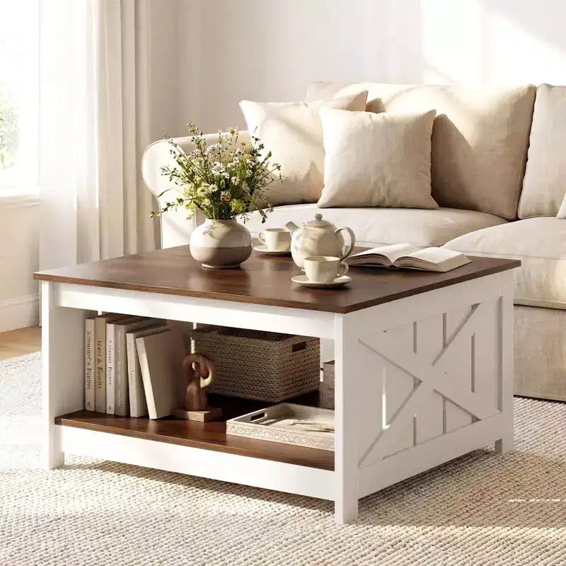 Farmhouse Square Coffee Table with 2-Tier Storage Shelf, 31-Inch Wooden Center Table