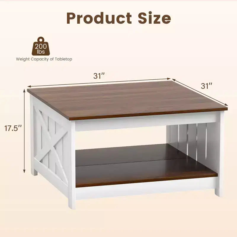 Farmhouse Square Coffee Table with 2-Tier Storage Shelf, 31-Inch Wooden Center Table