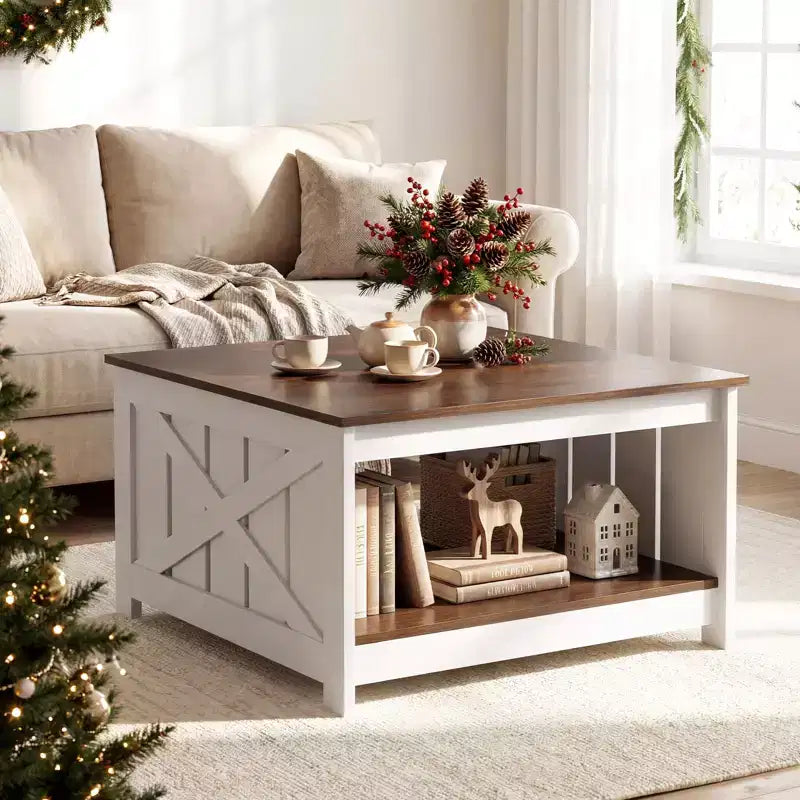 Farmhouse Square Coffee Table with 2-Tier Storage Shelf, 31-Inch Wooden Center Table