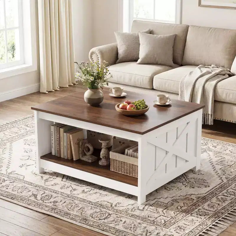 Farmhouse Square Coffee Table with 2-Tier Storage Shelf, 31-Inch Wooden Center Table
