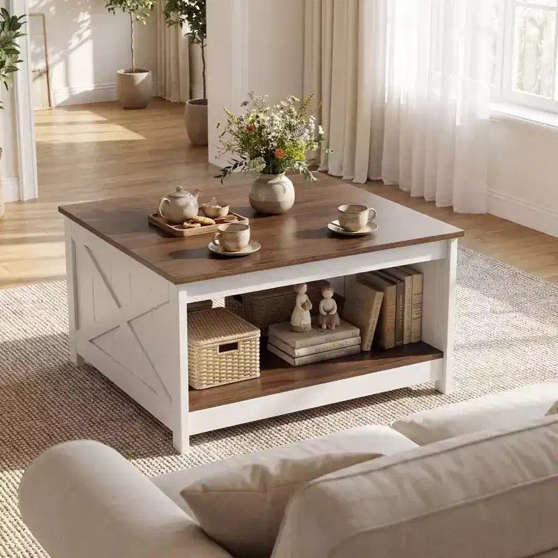 Farmhouse Square Coffee Table with 2-Tier Storage Shelf, 31-Inch Wooden Center Table