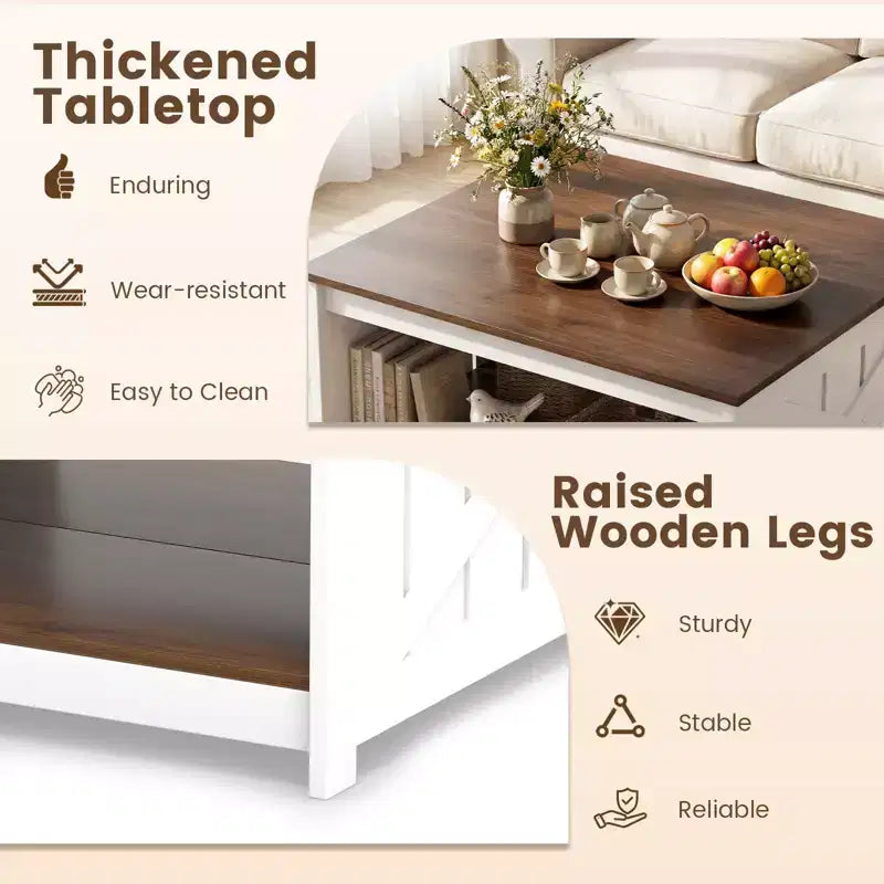 Farmhouse Square Coffee Table with 2-Tier Storage Shelf, 31-Inch Wooden Center Table