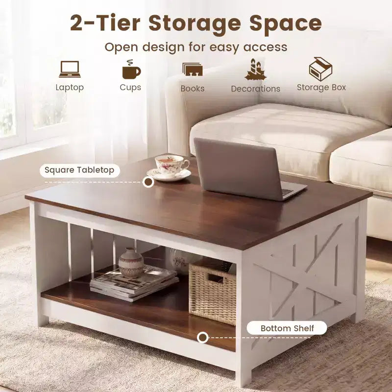 Farmhouse Square Coffee Table with 2-Tier Storage Shelf, 31-Inch Wooden Center Table