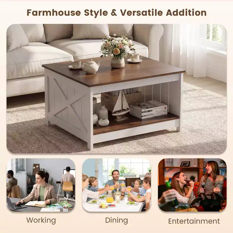 Farmhouse Square Coffee Table with 2-Tier Storage Shelf, 31-Inch Wooden Center Table