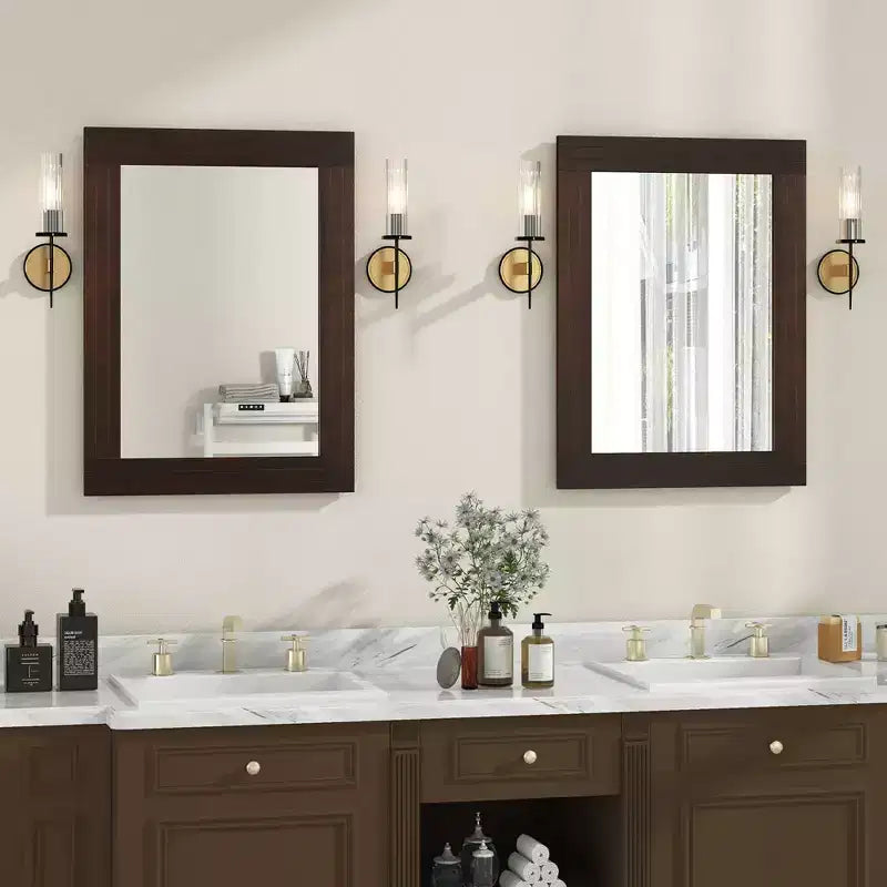 Wood Framed Wall Mirror for Bathroom, Farmhouse Boho Rustic Wall Decoration, 32x24 Inch