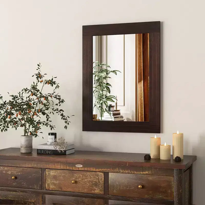 Wood Framed Wall Mirror for Bathroom, Farmhouse Boho Rustic Wall Decoration, 32x24 Inch