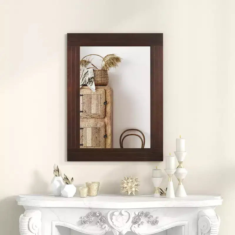 Wood Framed Wall Mirror for Bathroom, Farmhouse Boho Rustic Wall Decoration, 32x24 Inch