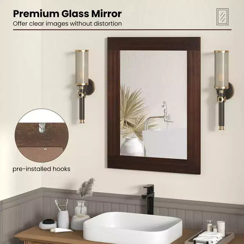 Wood Framed Wall Mirror for Bathroom, Farmhouse Boho Rustic Wall Decoration, 32x24 Inch