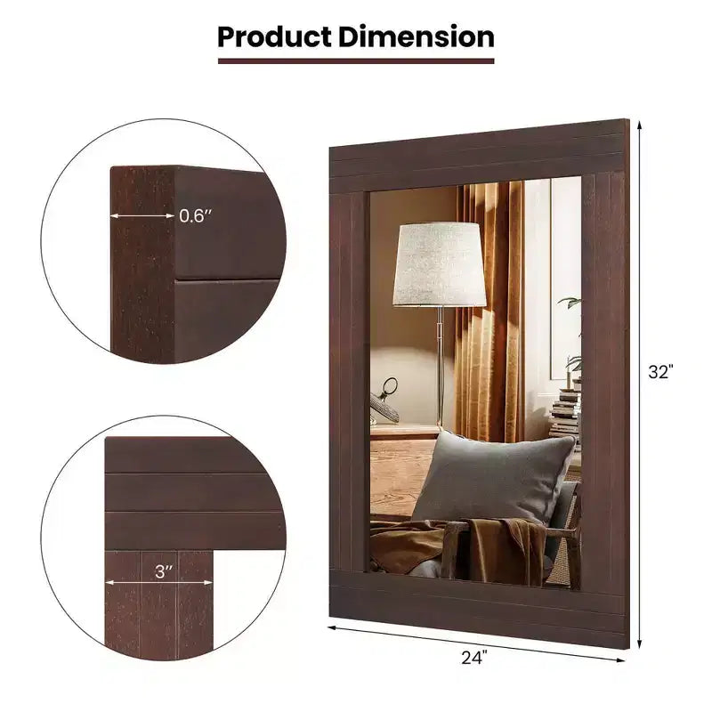 Wood Framed Wall Mirror for Bathroom, Farmhouse Boho Rustic Wall Decoration, 32x24 Inch