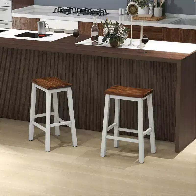 Set of 2 Saddle Counter Height Stools with Acacia Wood Seat and Rubber Wood Footrests, 24.5 Inch