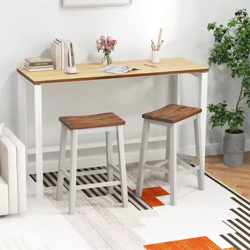 Set of 2 Saddle Counter Height Stools with Acacia Wood Seat and Rubber Wood Footrests, 24.5 Inch