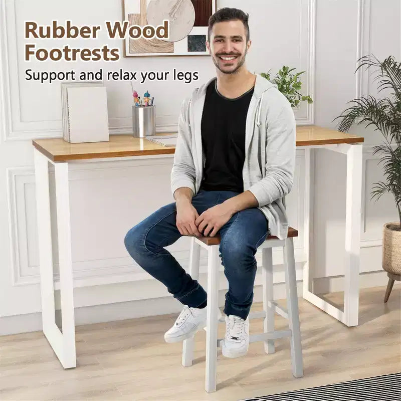 Set of 2 Saddle Counter Height Stools with Acacia Wood Seat and Rubber Wood Footrests, 24.5 Inch