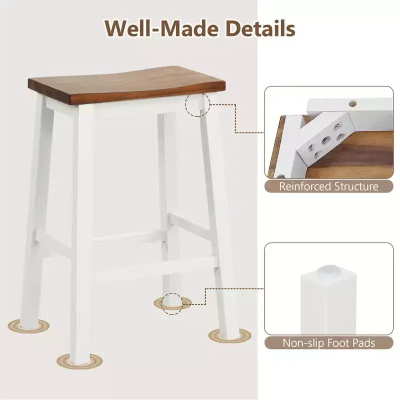 Set of 2 Saddle Counter Height Stools with Acacia Wood Seat and Rubber Wood Footrests, 24.5 Inch