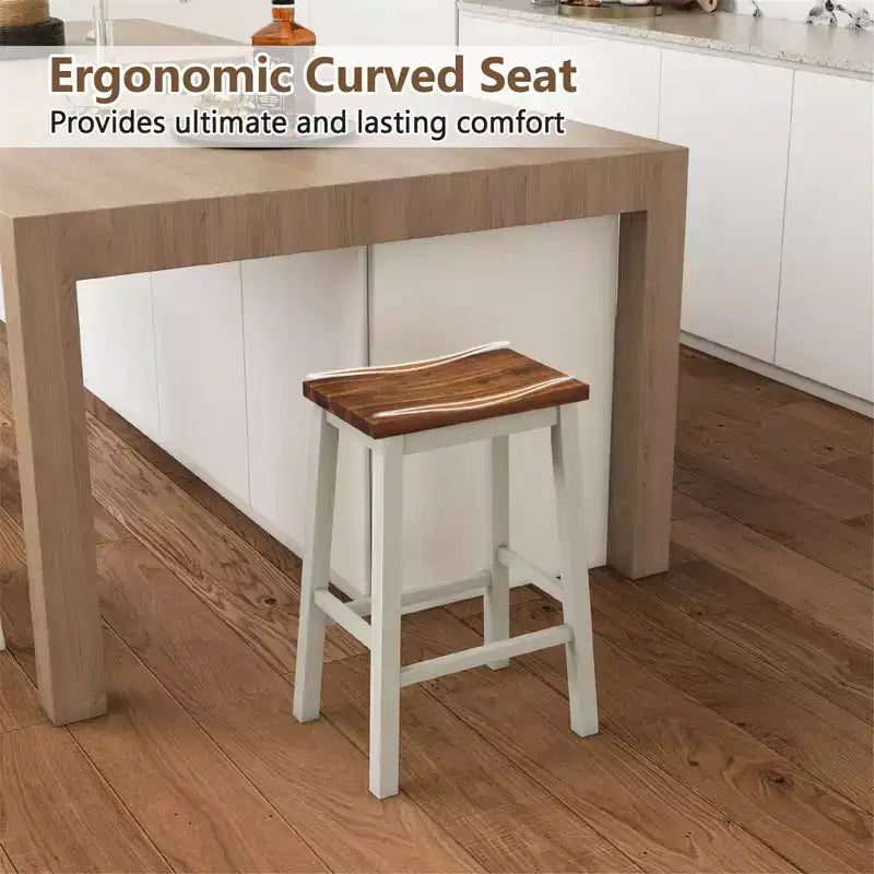 Set of 2 Saddle Counter Height Stools with Acacia Wood Seat and Rubber Wood Footrests, 24.5 Inch