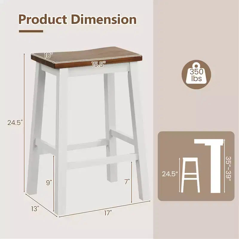 Set of 2 Saddle Counter Height Stools with Acacia Wood Seat and Rubber Wood Footrests, 24.5 Inch