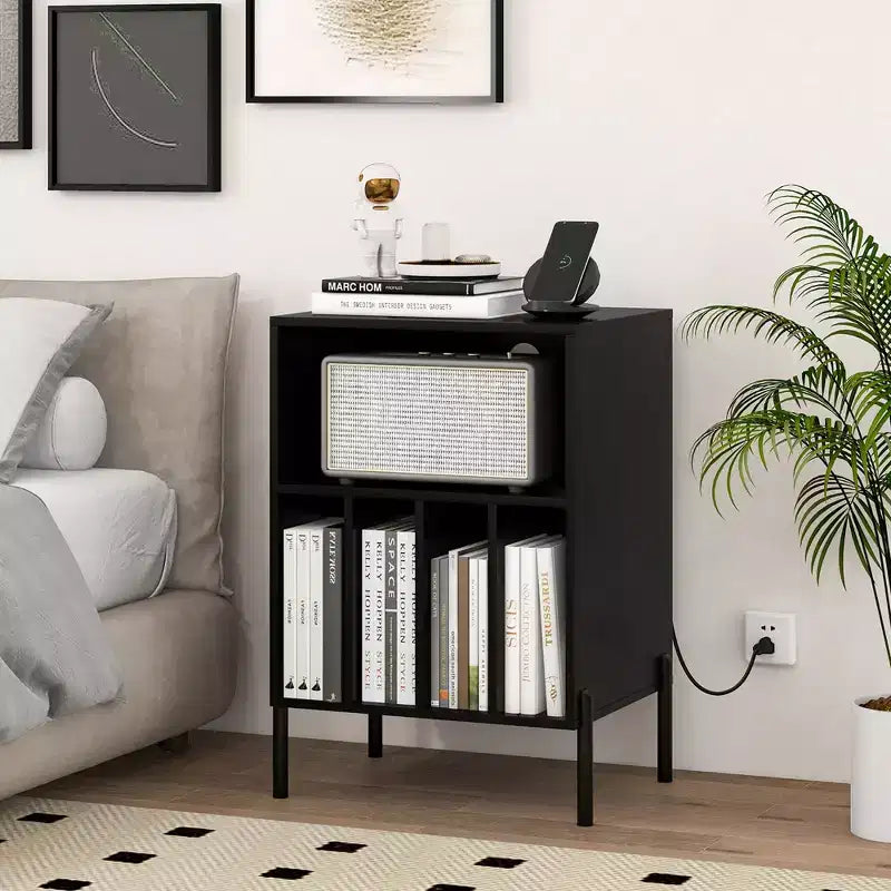 Record Player Stand with Charging Station, 5 Storage Compartments and Anti-Tip Kit