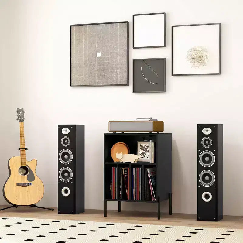 Record Player Stand with Charging Station, 5 Storage Compartments and Anti-Tip Kit