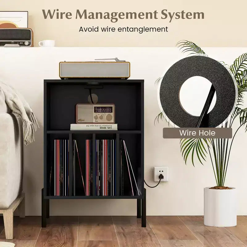 Record Player Stand with Charging Station, 5 Storage Compartments and Anti-Tip Kit