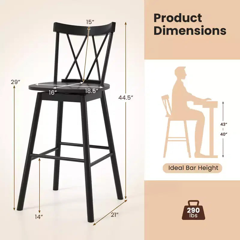 Set of 2 Swivel Bar Stools with Rubber Wood Frame, Ergonomic Backrest and Footrests, Black