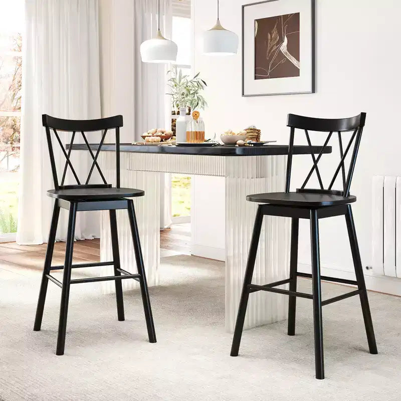 Set of 2 Swivel Bar Stools with Rubber Wood Frame, Ergonomic Backrest and Footrests, Black