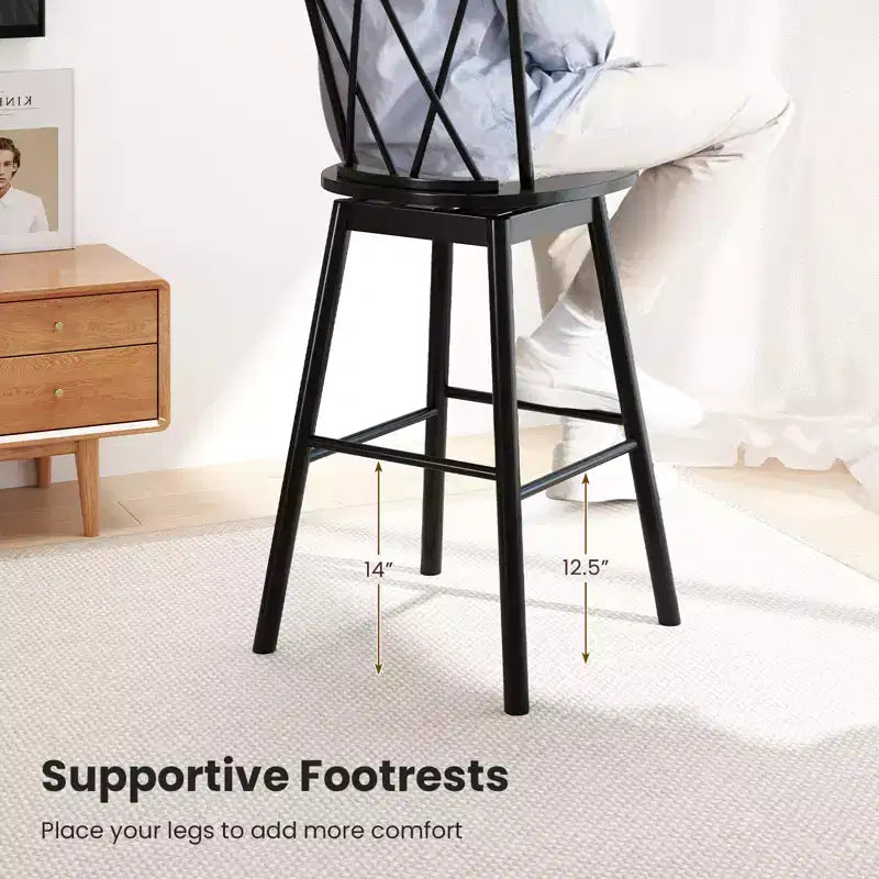 Set of 2 Swivel Bar Stools with Rubber Wood Frame, Ergonomic Backrest and Footrests, Black
