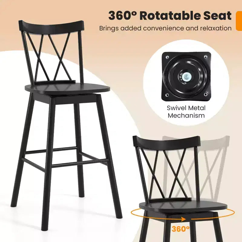 Set of 2 Swivel Bar Stools with Rubber Wood Frame, Ergonomic Backrest and Footrests, Black