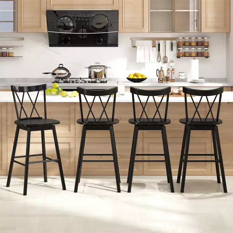 Set of 4 Swivel Bar Stools with Rubber Wood Frame, Ergonomic Backrest and Footrests, Black