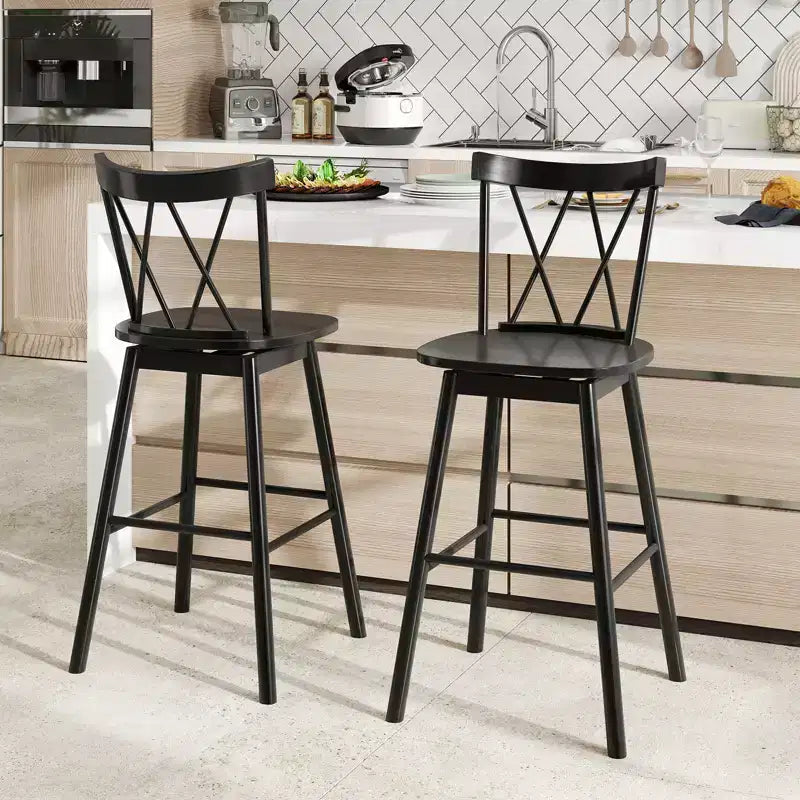 Set of 4 Swivel Bar Stools with Rubber Wood Frame, Ergonomic Backrest and Footrests, Black