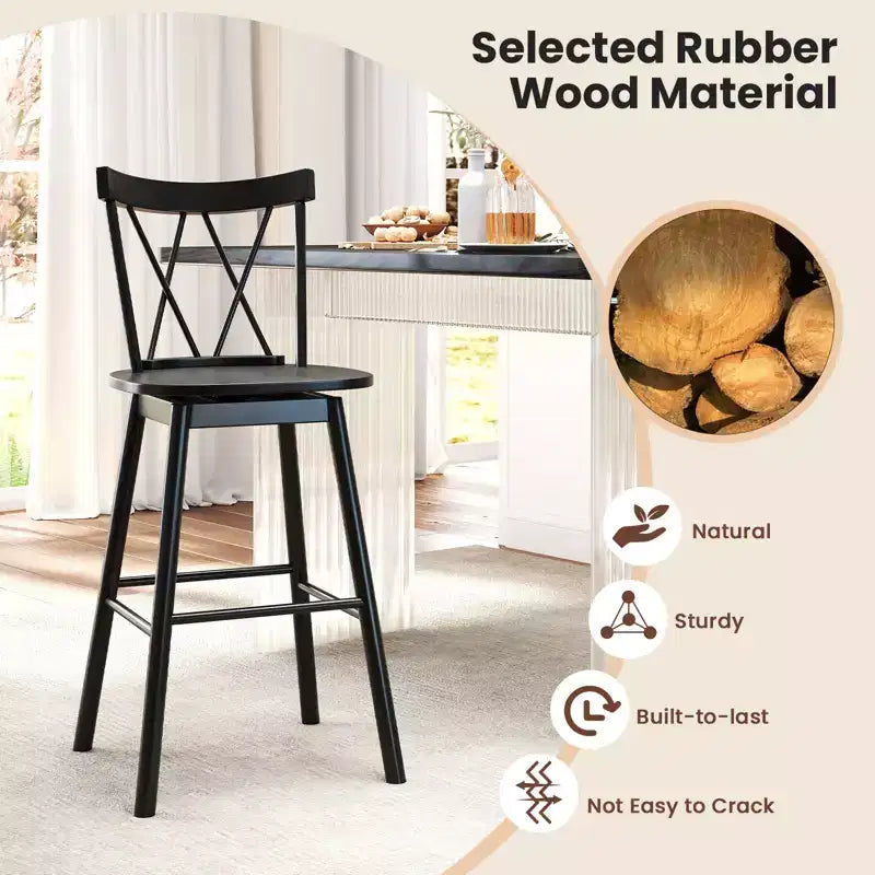 Set of 4 Swivel Bar Stools with Rubber Wood Frame, Ergonomic Backrest and Footrests, Black